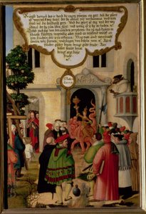 „Strzeż się fałszywych proroków; przychodzą do was w owczej skórze, ale w głębi serca są drapieżnymi wilkami” (Mt 7 w.15, Łk 6 w.13), ilustracja nauczania Chrystusa, fragment panelu skrzydła z t